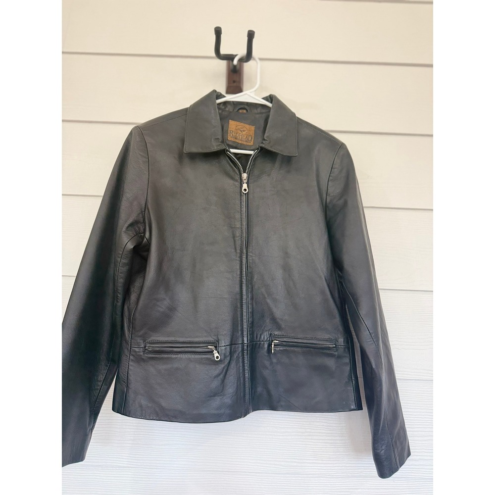 B- 57- RedHead Womens Black Genuine Leather Full Zip Collared Jacket Size M
